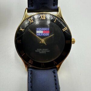 Vintage Tommy Hilifiger Watch Men Black Dial Striped Leather Band Y2K Works 9"